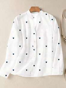 Camisa de mujer de manga larga con botones y bolsillos, con estampado romántico de corazones, adecuada para otoño, invierno y primavera - Blanco - Ver 8