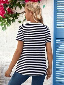Camiseta De Maternidad De Cuello Redondo A Rayas De Manga Corta Para Verano - Azul - Ver 2