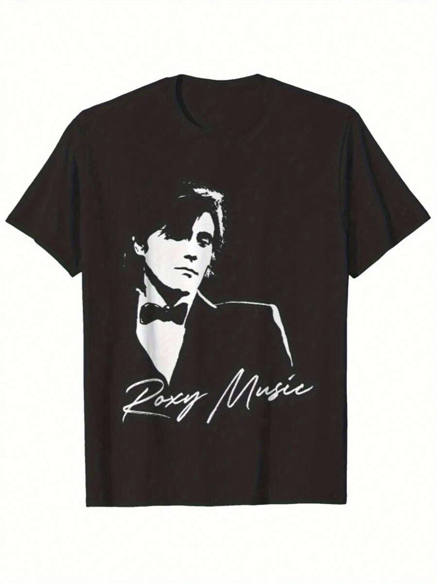 Men's Vintage  Band Print T-Shirt - Brian Ferry Portrait And Vintage Rock Tee, Classic Crew Neck Short Sleeve, Suitable For All Seasons, Casual Tee For Concerts And Music Festivals,  Band Collectible Item, Art Print, Relaxed Fit, Iconic Band Design,  Vintage Rock Tee For Casual Wear, Men's Music Tee, Guitar Technician Tee, Concert Outfit, Music Festival Clothing, Birthday Outfit, Party Outfits, Rave Outfits, Office Wear For Women, Curvy Outfits, Casual Outfits For Women, Gym Wear For Women, Resort Wear With Style, Classic Graphic Tee For Women Y5WV - Black - View 1