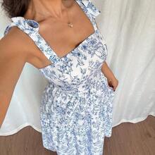 Holidaya French Elegant Pleated Flounce Floral Print Long Dress, Sleeveless V-Neck Ruffled Dress, Summer New Ladies Light Blue Gown Blue And White Floral Dress Long Dress Summer Blue And White Dress Women Women Vacation Dress - Rosa - Ver 5