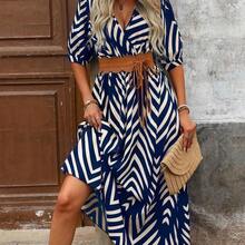 New Contrast Color Geometric Print V-Neck Ruched Waist Flared Hem Dress For Women, Suitable For Commuting, Vacation, Autumn - Naranja - Ver 4