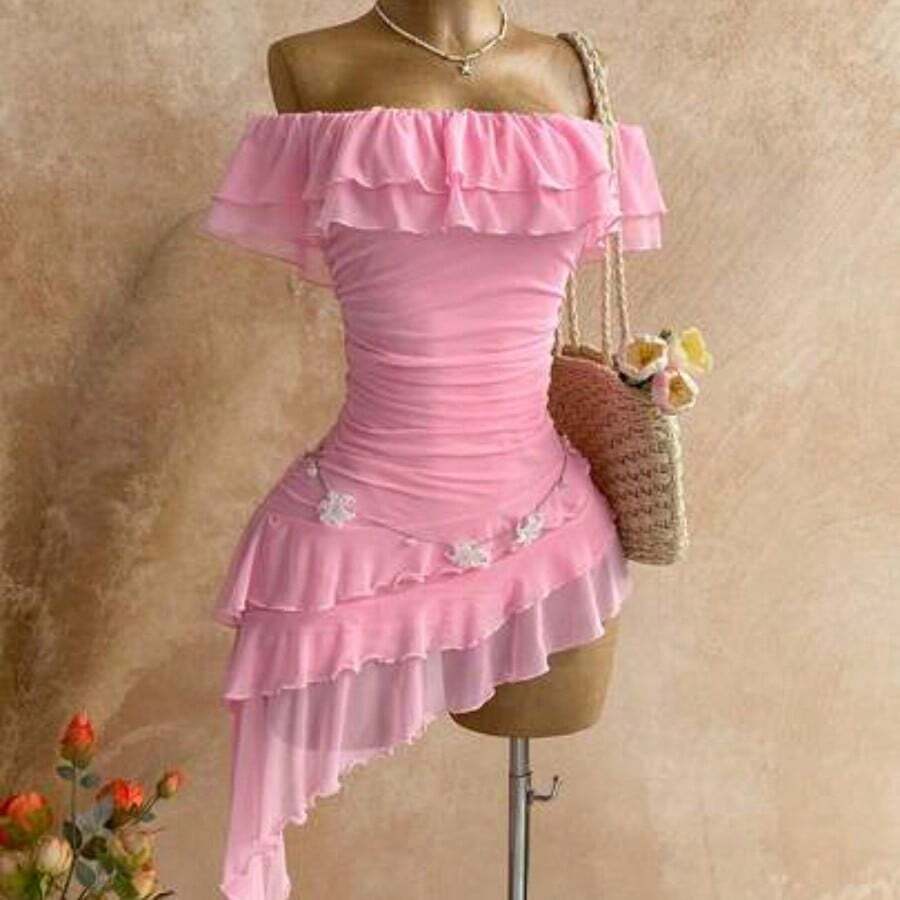 Spring & Summer Vacation Knit Mesh Strapless Fitted Tiered Ruffle Asymmetric Hem Dress, Suitable For Garden Party, Tea Party, Flower Arranging, Date, Bohemian, Boho, Vacation,Summer Dresses For Women - Rosa - Ver 1