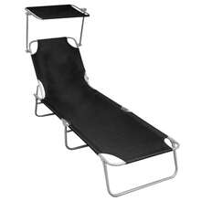 vidaXL Folding Lounger With Sunshade, Sun Lounger, Garden Lounger, Beach Lounger, Camping Lounger, Deck Chair, Leisure Lounger, Garden Furniture, Black Aluminum - Black - View 1