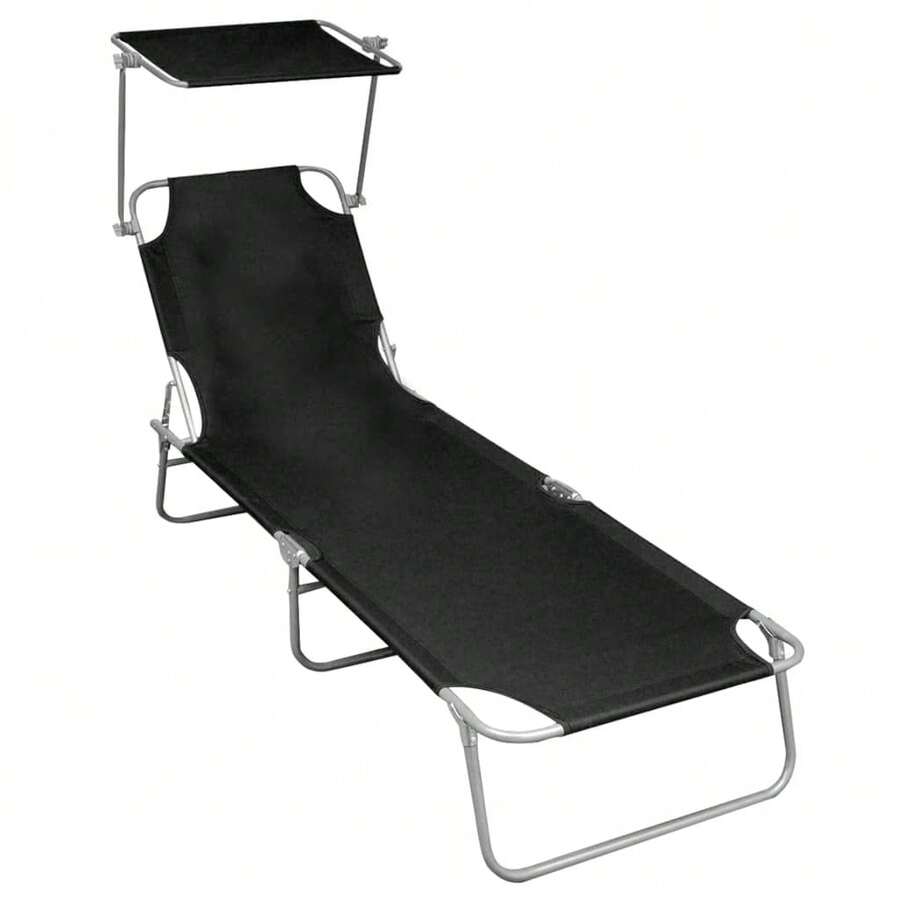 vidaXL Folding Lounger With Sunshade, Sun Lounger, Garden Lounger, Beach Lounger, Camping Lounger, Deck Chair, Leisure Lounger, Garden Furniture, Black Aluminum - Black - View 1