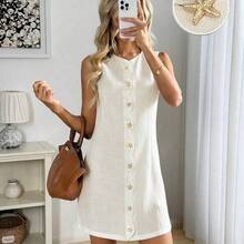Button Front Cinched Waist A-Line Sleeveless Casual Vacation Elegant Mini Dress, Linen Material Summer Dresses For Women,Business Casual Woman Old Money Style - Albaricoque - Ver 11