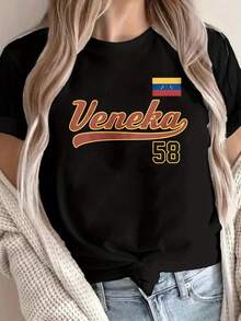 Women's  Flag Graphic T-Shirt With Front And Back Print Of National Emblem And Initials VENEKA – Casual Short Crew Neck Top In Comfortable Lightweight Fabric, Ideal For Spring And Summer - 黑色 - 查看 1