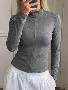 Chaqueta delgada casual de manga larga y ajuste ceñido para mujer, ropa casual de calle para otoño - Gris 2 - Ver 2
