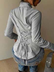 Camisa de manga larga de ajuste ceñido con cintura anudada a rayas rosa, blusa a rayas amarilla para mujer, nueva colección de otoño - Blanco y Negro - Ver 1