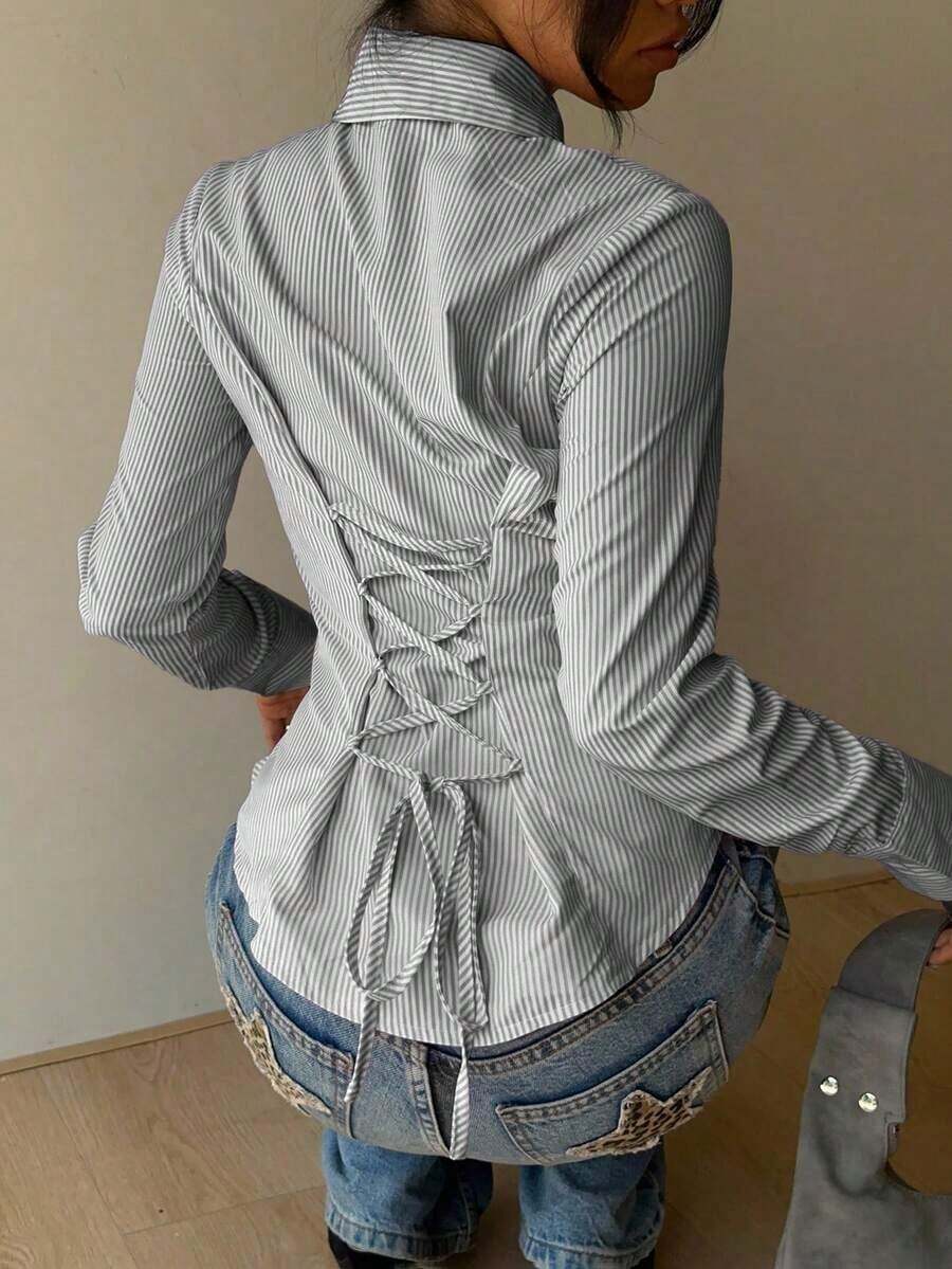 Camisa de manga larga de ajuste ceñido con cintura anudada a rayas rosa, blusa a rayas amarilla para mujer, nueva colección de otoño - Blanco y Negro - Ver 1