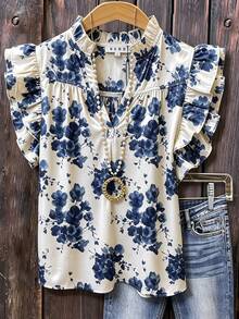 Floral Print Flutter Sleeve Top - Women's Spring & Summer Clothing - Blue and White - View 3