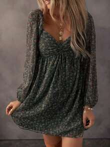 Acelitt Vestido de manga farol con frente fruncido y parches con estampado floral diminuto, elegante para vacaciones de primavera - Verde Oscuro - Ver 4
