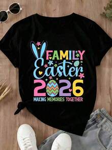 Graphic2026 Nueva Llegada Camiseta de Cuello Redondo para Mujer, Estampado de Orejas de Conejo, Huevos y Flores, Atuendo Casual de Primavera para Celebración de Pascua, Camiseta de Moda para Mujer, Top de Verano con Cuello Redondo - Negro - Ver 2