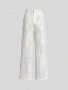 Pantalones rectos de cintura alta y pierna ancha con rayas, de moda casual para mujer en primavera - Blanco - Ver 2