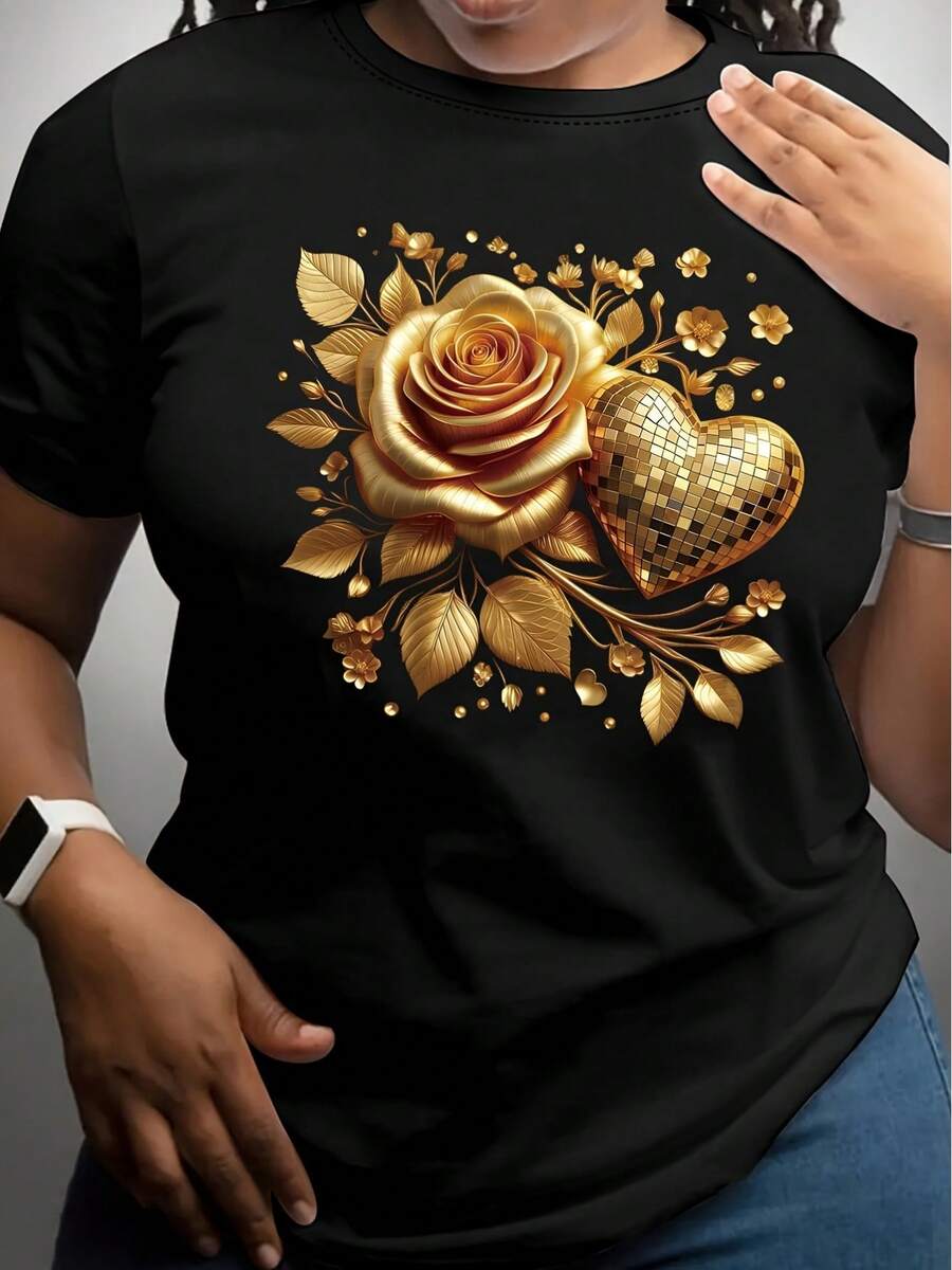 Floral Print T-Shirt, Casual Short Sleeve Top With Round Neck, Women's Clothing For Spring/Summer - Unisex Loose Cotton Short Sleeve Round Neck Urban Vintage Style T-Shirt. - 黑色 - 查看 1
