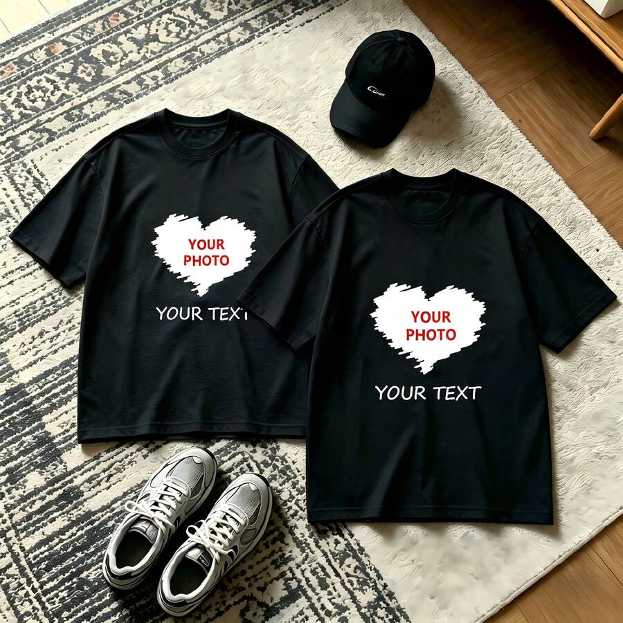2-Piece Couple Matching Pattern T-Shirt, 100% Cotton, Loose Fit, Soft And Breathable, Casual Round Neck Short Sleeved Top Heart Photo Text Design Pattern Versatile Patterns No Picky Combinations Coordinated Dating Casual Travel Simple And Cartoonish Printing Styles High Cost-Effectiveness Couple - Black - View 1