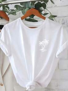 Camiseta de mujer con estampado de cocoteros tropicales, que presenta un sencillo diseño de cocoteros, transmite la vibra relajada de la isla y el sol, ideal para el verano y el regalo perfecto para las vacaciones. - Blanco - Ver 7