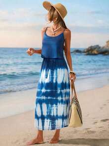 Vestido midi sin mangas con efecto tie-dye, con cintura ajustable y abertura, para el verano - Multicolor 5 - Ver 3