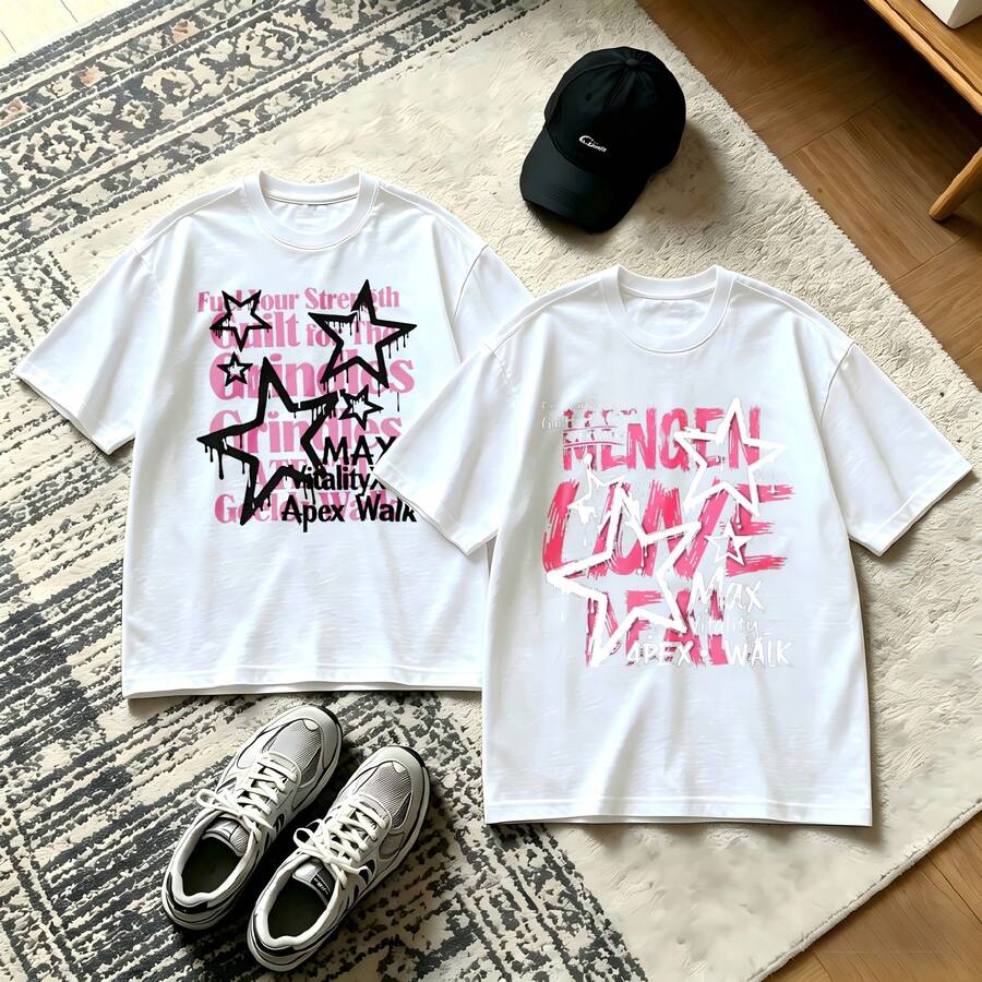 2-Piece Couple Matching Pattern T-Shirt, 100% Cotton, Loose Fit, Soft And Breathable, Casual Round Neck Short Sleeved Top Star Max Apex Walk Versatile Patterns No Picky Combinations Coordinated Dating Casual Travel Simple And Cartoonish Printing Styles High Cost-Effectiveness Couple Lovers Matching - 白色 - 查看 1