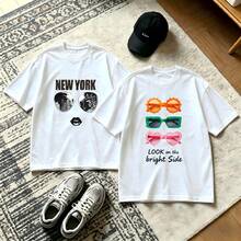 2-Piece Couple Matching Pattern T-Shirt, 100% Cotton, Loose Fit, Soft And Breathable, Casual Round Neck Short Sleeved Top Wild West Cow With Hat And Horse With Flowers Versatile Patterns No Picky Combinations Coordinated Dating Casual Travel Simple And Cartoonish Printing Styles High - 白色 - 查看 1