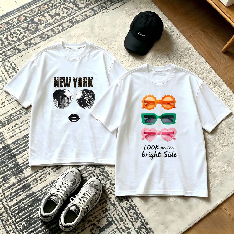 2-Piece Couple Matching Pattern T-Shirt, 100% Cotton, Loose Fit, Soft And Breathable, Casual Round Neck Short Sleeved Top Wild West Cow With Hat And Horse With Flowers Versatile Patterns No Picky Combinations Coordinated Dating Casual Travel Simple And Cartoonish Printing Styles High - 白色 - 查看 1