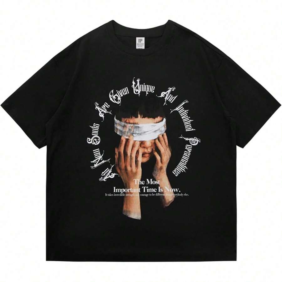Camiseta estampada para hombre, camiseta vintage con estampado Y2K, top de algodón de cuello redondo unisex para verano, camisa casual para hombre y mujer. FTGT - Negro - Ver 1