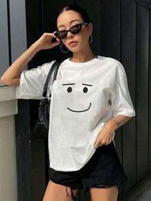 Anime Robot Face Print T-Shirts, Funny T-Shirts, Graphic Tees, 180g, Loose Fit, Crew Neck, Short Sleeve, Women's Clothing, Harajuku T-Shirts, Summer Tops BOF0 - 黑色 - 查看 12