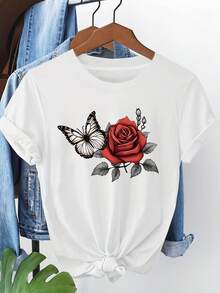 Camiseta de Mujer con Estampado de Rosa Roja y Mariposa, Camiseta Blanca de Manga Corta con Cuello Redondo Estampado - Lavable a Máquina, Adecuada para Primavera, Verano y Otoño, Estilo Casual, Ajuste Cómodo, Diseño Moderno, Versátil para Uso Diario, Tela Suave - Camiseta Unisex de Algodón de Manga Corta y Cuello Redondo, Estilo Vintage Urbano - Blanco - Ver 1