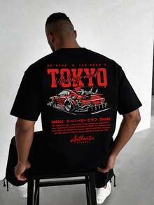 Vintage Street TOKYO Red Underground Racing Car Pattern Men's Loose Short Sleeve 100% Cotton T-Shirt Breathable Summer Top  Printed Daily Outfit - 黑色 - 查看 6