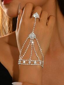 Cadena de mano y espalda de lujo con borlas de diamantes completos, conjunto de cadena de mano con anillo de strass brillante incrustado de moda, adecuado para bodas, fiestas, eventos formales y ocasiones casuales - Plateado - Ver 1