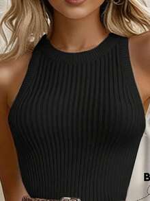 Women's Fitted Sleeveless Sweater Dress With Ruffled Hem - Black - View 5