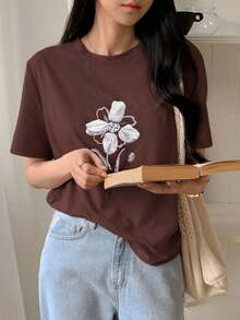 Camiseta holgada y casual con estampado floral para mujer, tops lindos para playa y vacaciones de verano, camisetas gráficas - Café integral - Ver 5