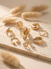 8pcs Vintage Punk Water Drop Flower Starfish Shell Multi- Ring Set, Fashion Geometric Design Rings, Suitable For Women's Daily Wear And Party Accessories, Great Gift - Gold - View 2