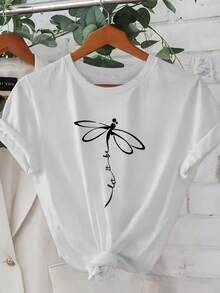 1 Women's Summer Short Sleeve T-Shirt - 2D Geometric Dragonfly Design Combined With "Let It Be" Design.  Urban Style. | Youthful Design | Comfortable Fit, Cute Clothing X2H5 - 白色 - 查看 6