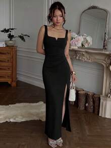 Vestido mujer verano tirantes ajustado elegante con abertura estilo europeo  moda - Negro - Ver 2