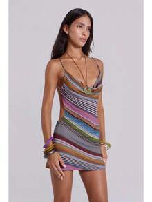 2026 Summer Women's Dress European And American Vacation Style Colorful Striped Sleeveless Strap Dress Fashion Casual Beach Party Mini Dress - 彩色 - 查看 2