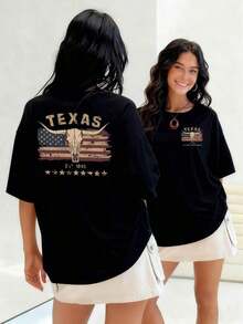 Cráneo de toro sobre la bandera americana camiseta para mujer, simboliza fuerza y libertad con el texto Texas arriba y estrellas abajo, confort 100% algodón.Suitable for spring, summer and autumn - Negro - Ver 7