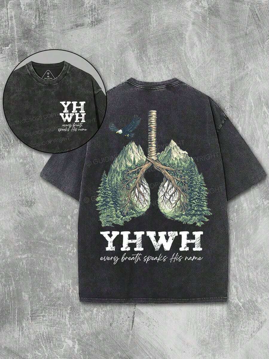 2026 New American Style T-Shirt% Cotton YHWH Nature Vintage Washed% Cotton | Graphic Forest Lungs With Birds, Distressed Fabric - Religious Inspired Clothing And Meaningful Gift Idea | Unisex - 黑色 - 查看 1