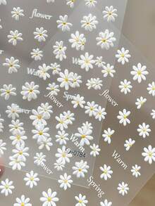 1片5D立体雏菊美甲贴纸，春季花卉美甲贴花，白色花朵黄色花心，暖春字母印花，自粘式美甲装饰，防水易贴，可爱清新风格，适合日常、派对、春夏美甲DIY - 彩色 - 查看 3