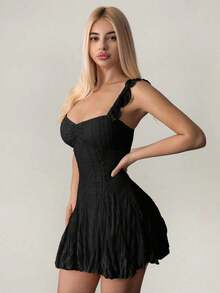 Vestido mini de línea A con parches de encaje, color albaricoque, para verano - Mostaza Amarilla - Ver 9