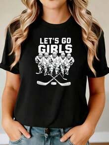 Camiseta de Mujer, ET's GO "Hockey" con Estampado de Diseño Creativo, Estilo Dulce, Genial y Energético, Camiseta de Manga Corta con Cuello Redondo en Color Negro, Adecuada para Fiestas, Com - Negro - Ver 1