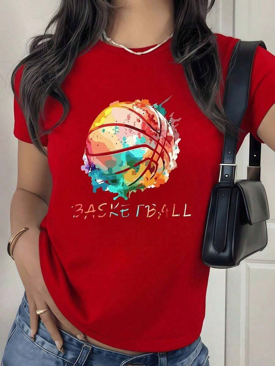 con estampado digital de balón de baloncesto multicolor artístico Camiseta de mujer con cuello redondo temática deportiva gramos 1 unidad de 100% algodón estilo moderno diseño casual100% Cotton - Rojo - Ver 1