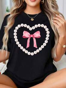 Women's Casual T-Shirt With Heart Graphic, Pearl And Bow For Valentine's Day And Romantic Occasions, Round Neck, Printed, Short Sleeve, Casual T-Shirt For Daily Wear, They Are Excellent Gifts For Friends And Family, 100% Cotton T-Shirts, Youthful And Modern Design, Summer Top. - 黑色 - 查看 1