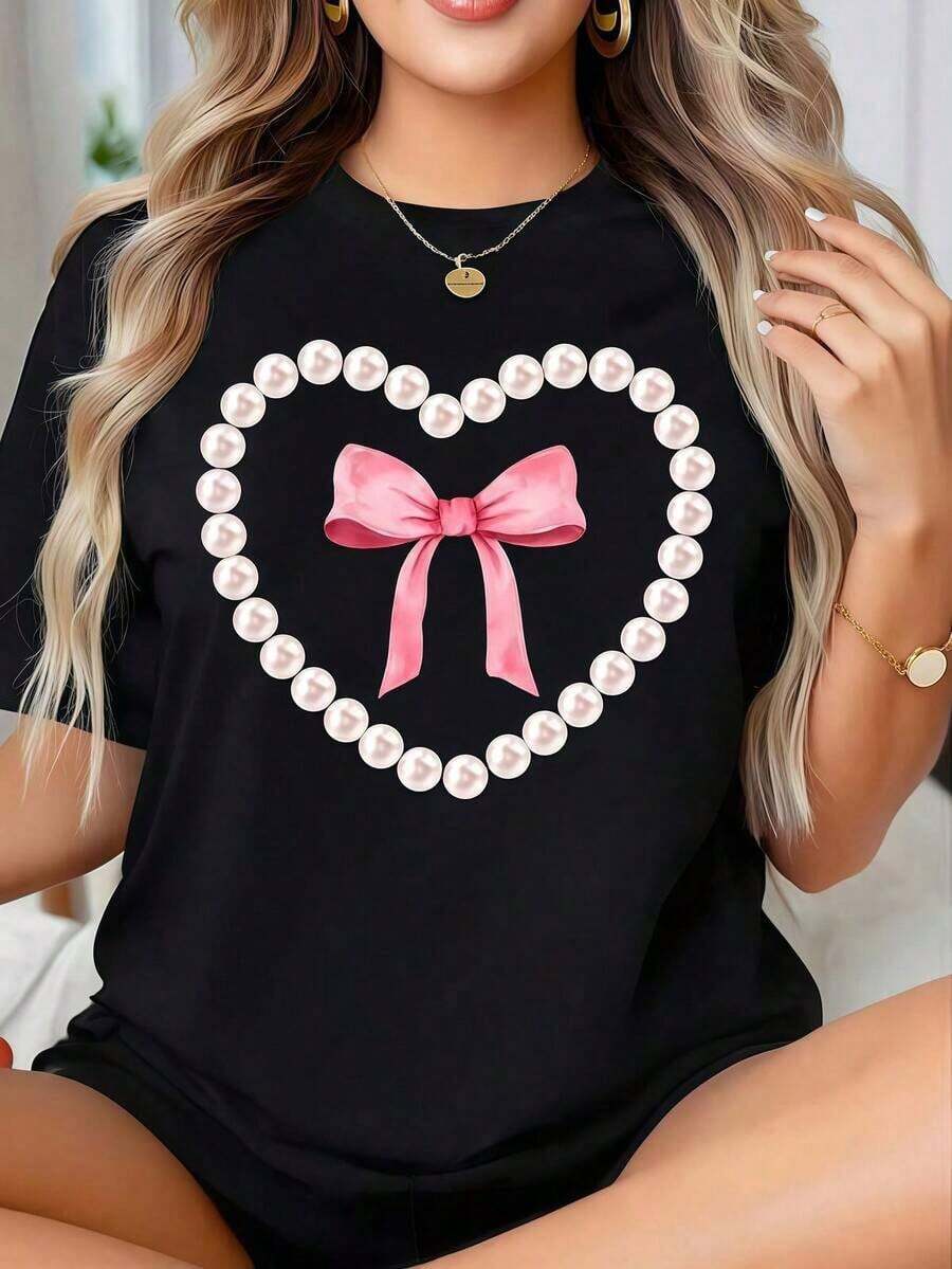 Women's Casual T-Shirt With Heart Graphic, Pearl And Bow For Valentine's Day And Romantic Occasions, Round Neck, Printed, Short Sleeve, Casual T-Shirt For Daily Wear, They Are Excellent Gifts For Friends And Family, 100% Cotton T-Shirts, Youthful And Modern Design, Summer Top. - 黑色 - 查看 1