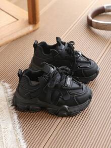 1 Pair Kids' Sports Shoes, Spring New Black Leather Casual Sneakers For Boys - Black - View 3