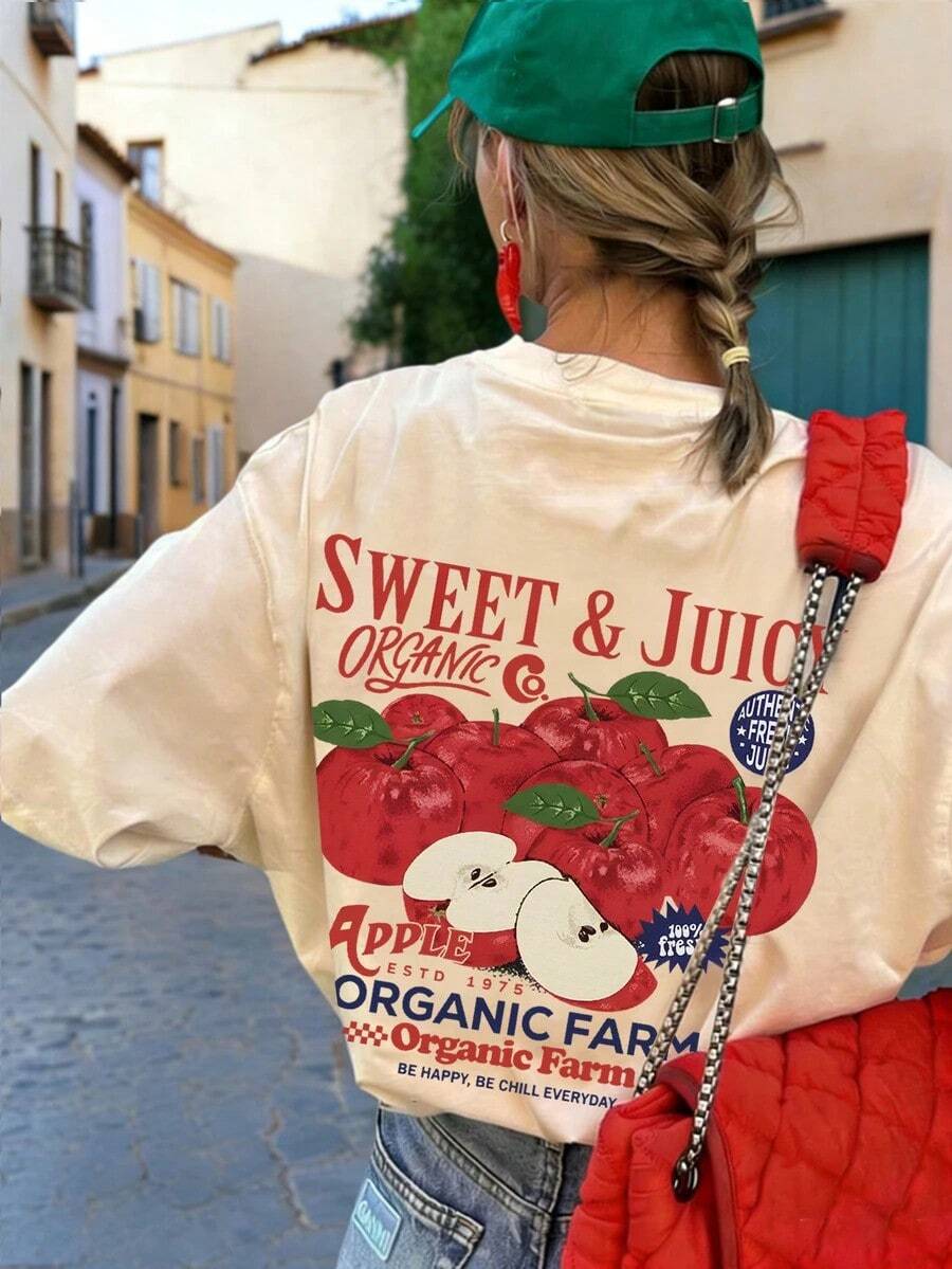 Camiseta de manga corta de cuello redondo casual con estampado minimalista de manzana y frutas, top de mujer de moda y versátil-Vintage Street Style Unisexoose Cotton Short Sleeve Crew Neck T-Shirt - Albaricoque - Ver 1