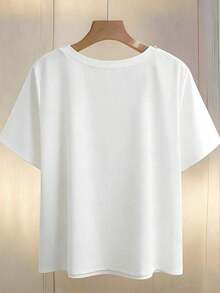 Camiseta de manga corta de uso diario versátil y casual con cuello redondo y decoración de perlas falsas para mujer de talla grande - Blanco - Ver 2