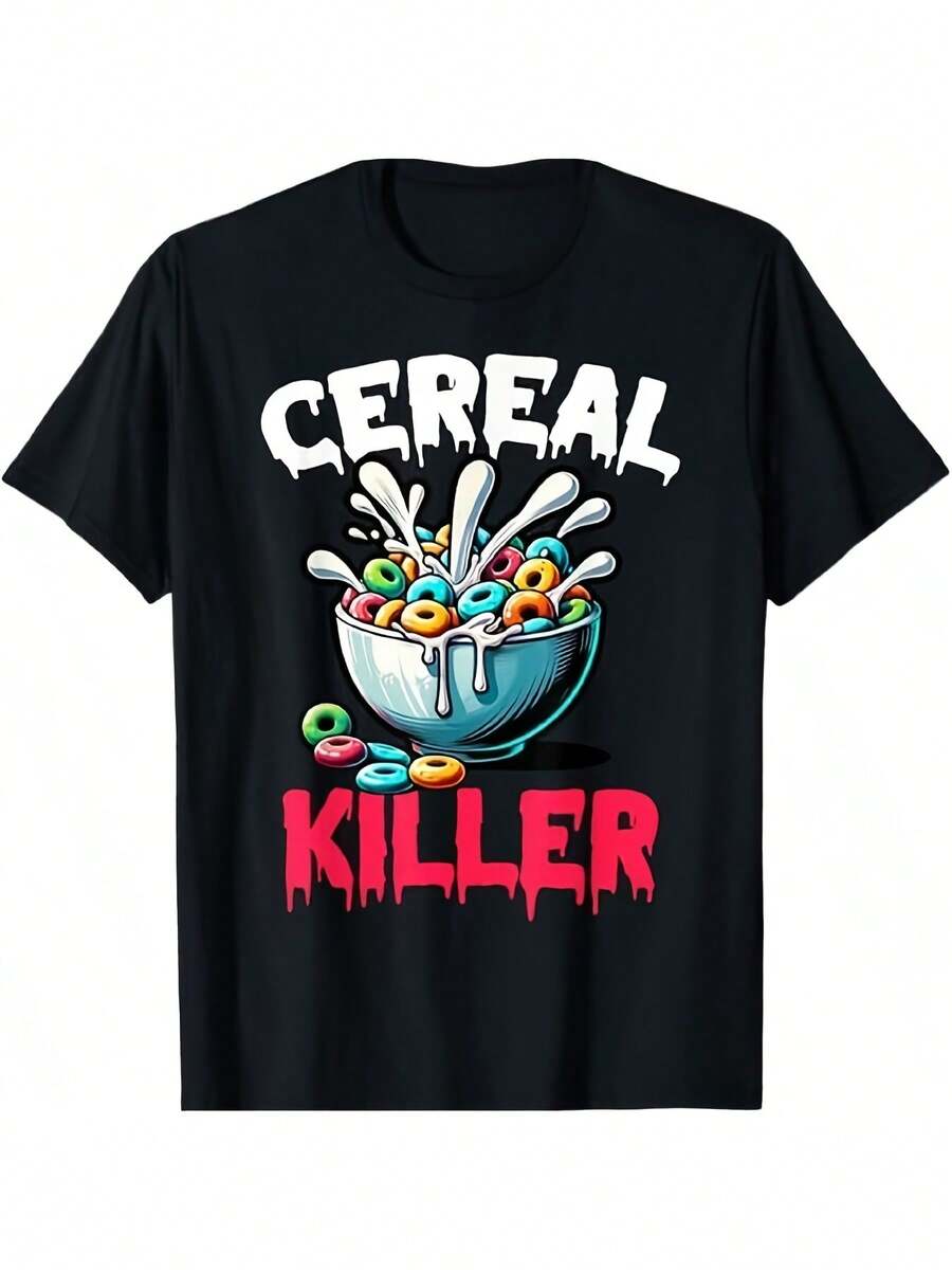 NuevascamisetasCamiseta Estampada Divertida de Asesino de Cereales para Hombre 2026-Camisa casual de manga corta de algodón puro negro, con un estampado de escena de asesinato en una tazón de cereales, adecuada para convenciones de cómics y uso diario, talla grande, estilo retro. Y2K, Dulceniña, Camiseta de manga corta para hombre, productos de anime japonés, conjuntos para niños, San Valentín, camiseta de mujer de algodón puro, camiseta informal negra de cuello redondo para hombre, camisas para niños, ropa para niñas, conjuntos de televisión para niñas, conjuntos a juego para madre e hija - Negro - Ver 1