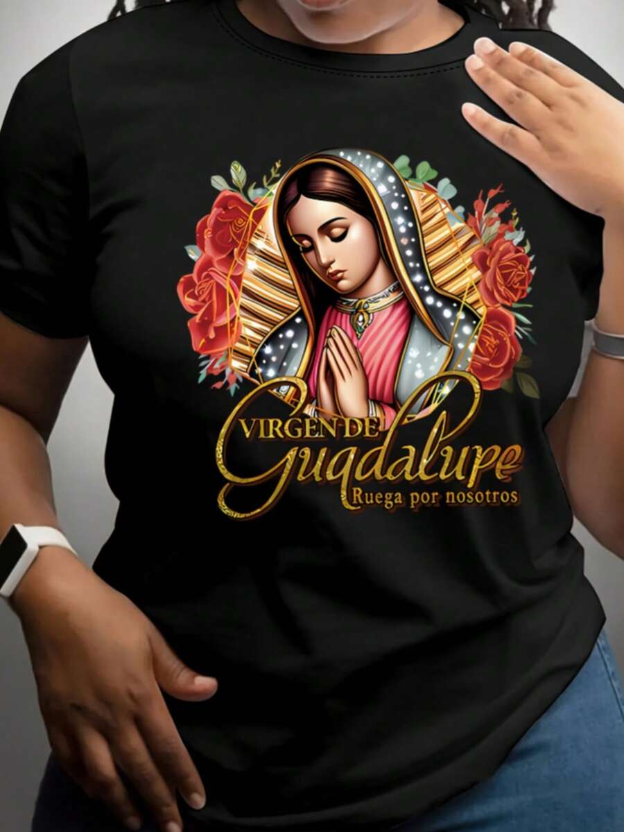 Oversized Women's Cotton T-Shirt, Extra Large Loose Short Sleeve With Virgin Of Guadalupe Print, White, Machine Washable, Sporty, Round Neck, Casual, Loose And Comfortable, Unisex Fashion For Festivals And Gifts, Matching Sets For Couples, Spring And Summer Clothing, Suitable For All Seasons, Breathable And Sweat-Absorbent For Sports, Running And Hiking, Women's Clothing, 100% Cotton - 黑色 - 查看 1