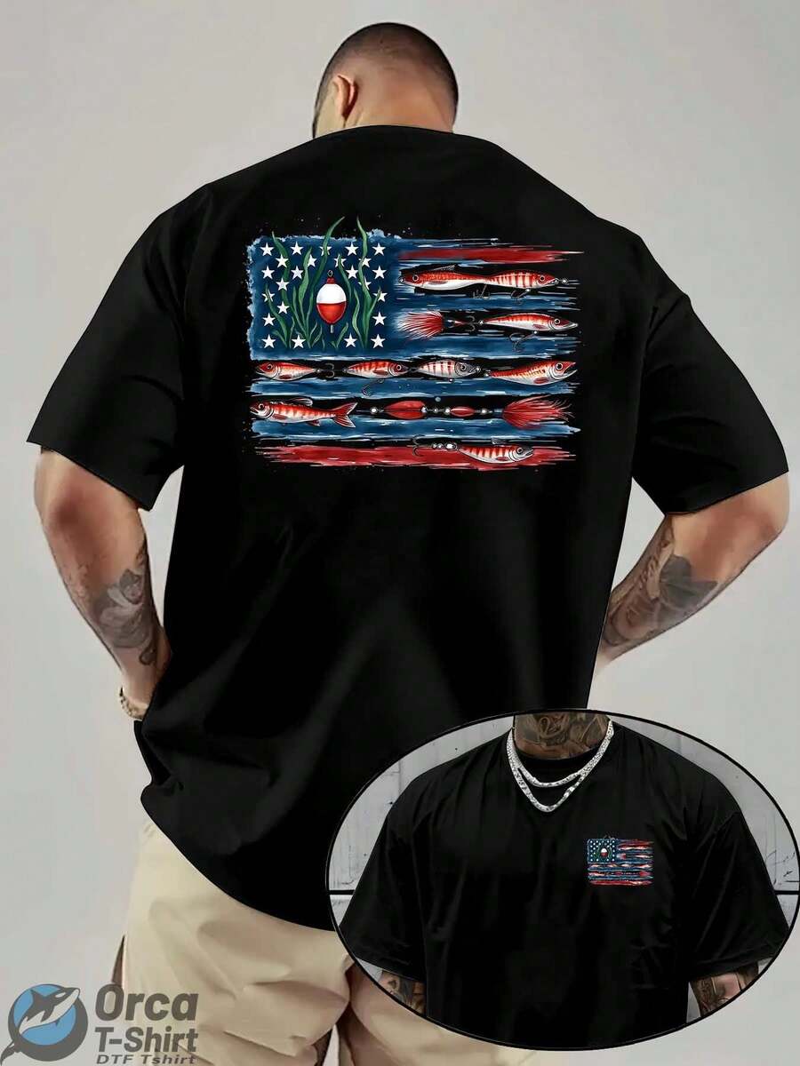 American Flag And Fish Print Short-Sleeve T-Shirt Featuring A Design That Combines The American Flag With Fishing Elements. Suitable For Outdoor Fishi - 黑色 - 查看 1