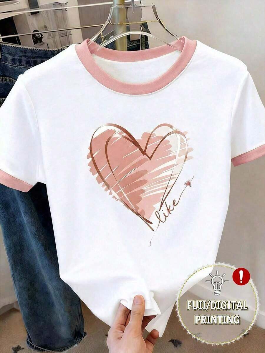 Women's Short-Sleeved T-Shirt With Color Block Heart Print, Romantic Valentine's Day Gift - 粉色 - 查看 1